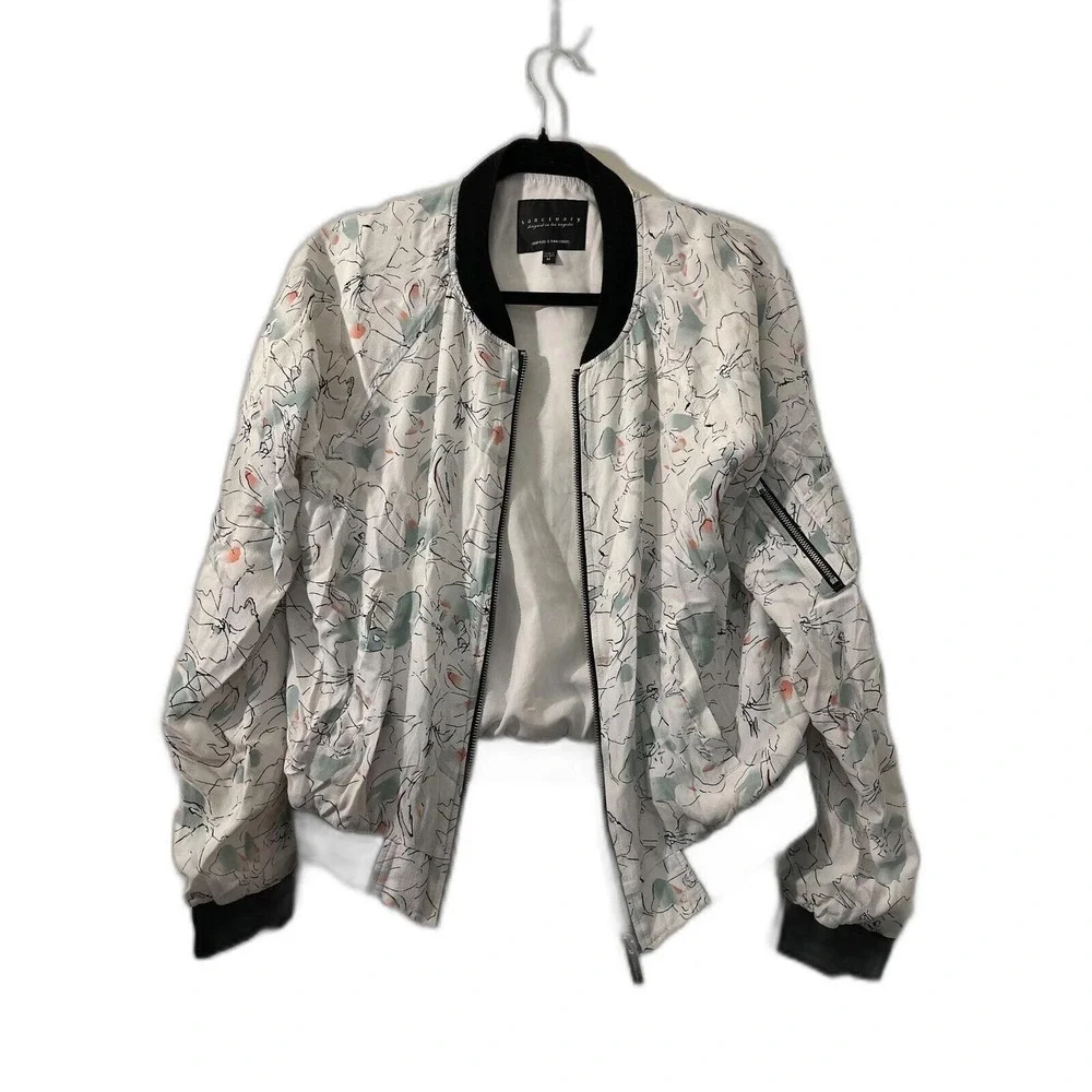 Sanctuary Floral Print Bomber‎ Jacket in White - Size M